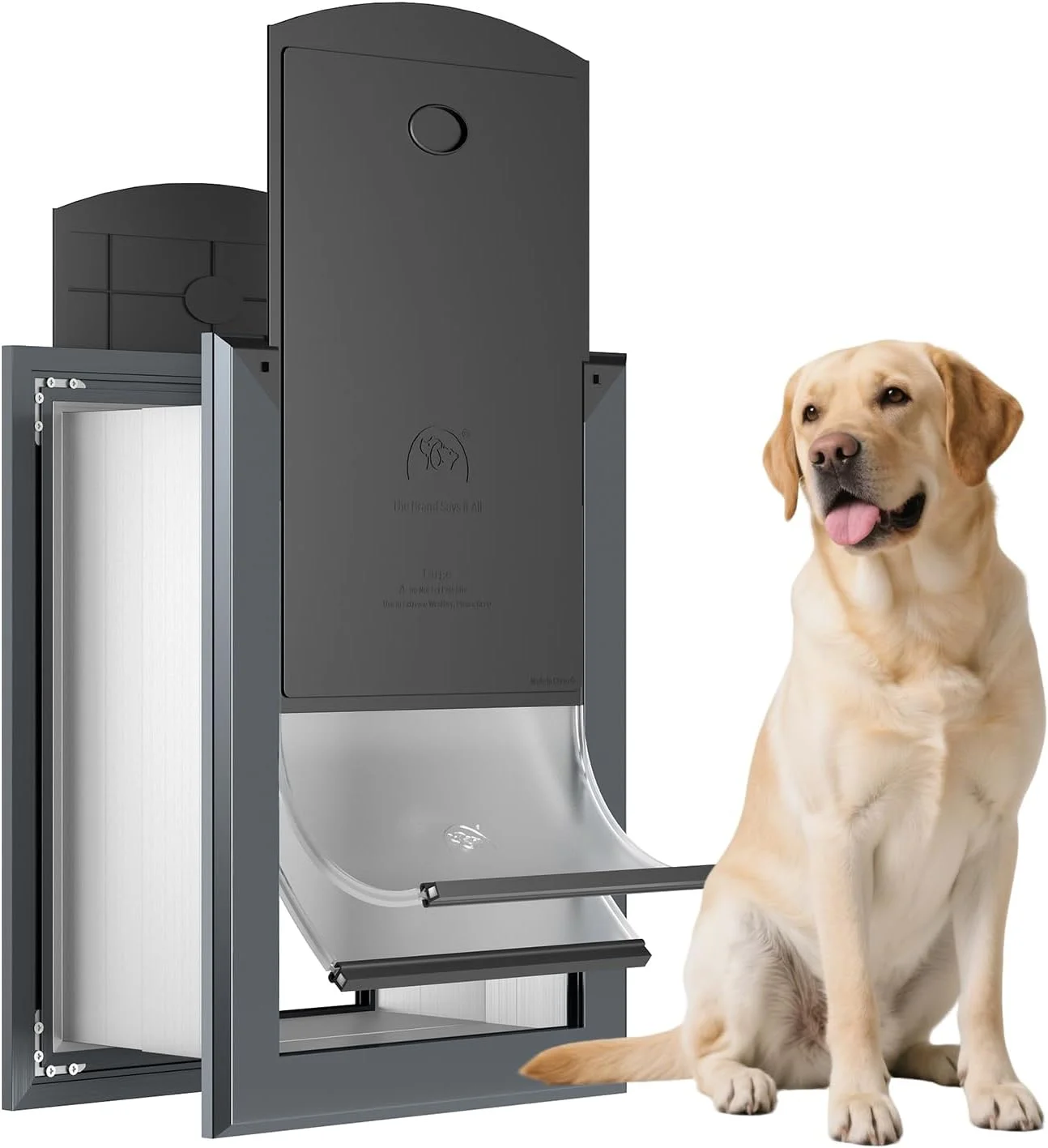 درب بزرگ سگ ایستاده برای دیوار، قاب های آلومینیومی هوانوردی و درب تونلی سگ، دارای دو فلپ و دو پنل قفل کشویی، سایز متوسط، خاکستری