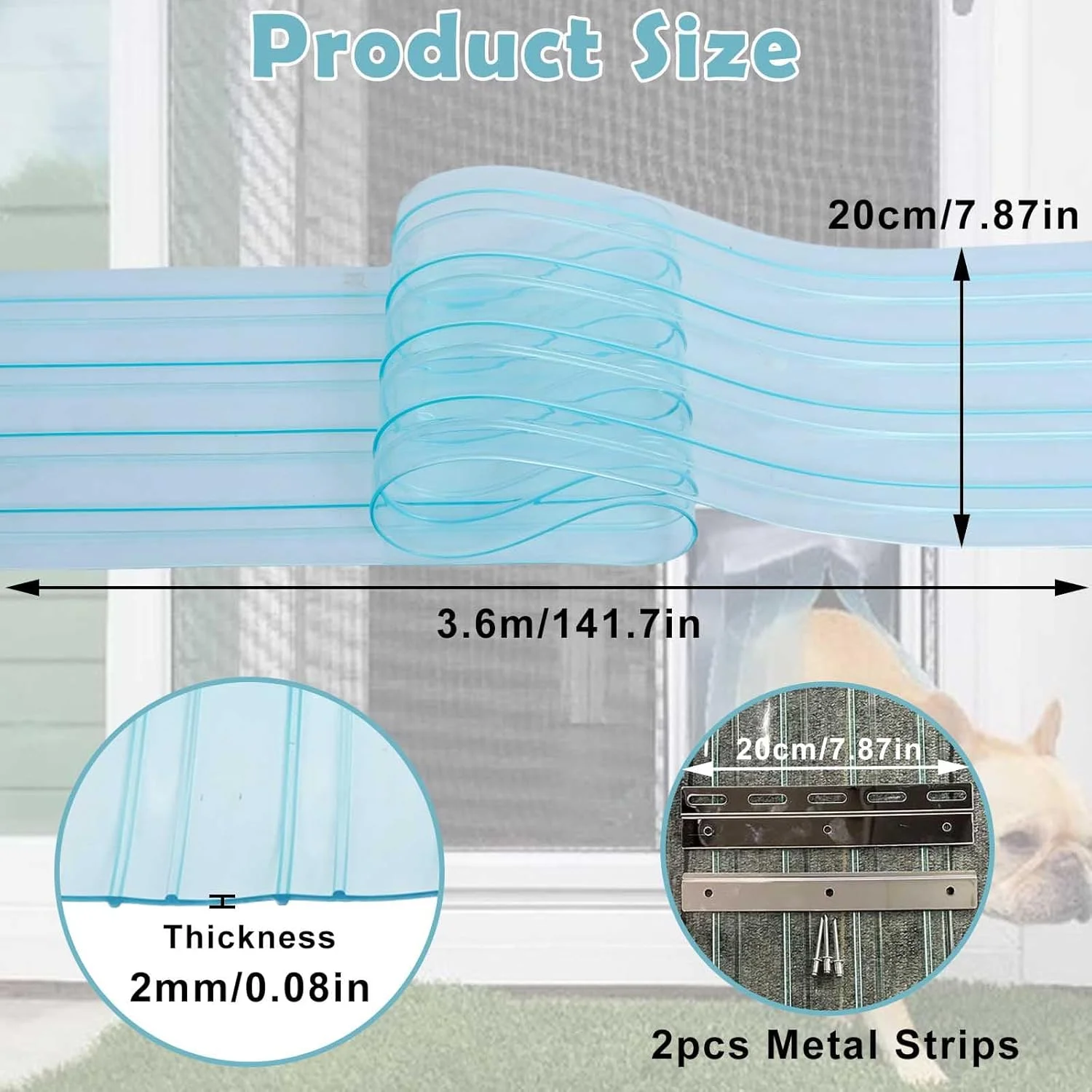 پرده نواری جایگزین درب سگ، نوارهای درب لانه سگ 3.6 متر در 20 سانتی متر (همراه با 2 نوار فلزی)، پرده نواری PVC برای درب خانه سگ DIY، پرده درب خانه سگ شفاف، برش آسان