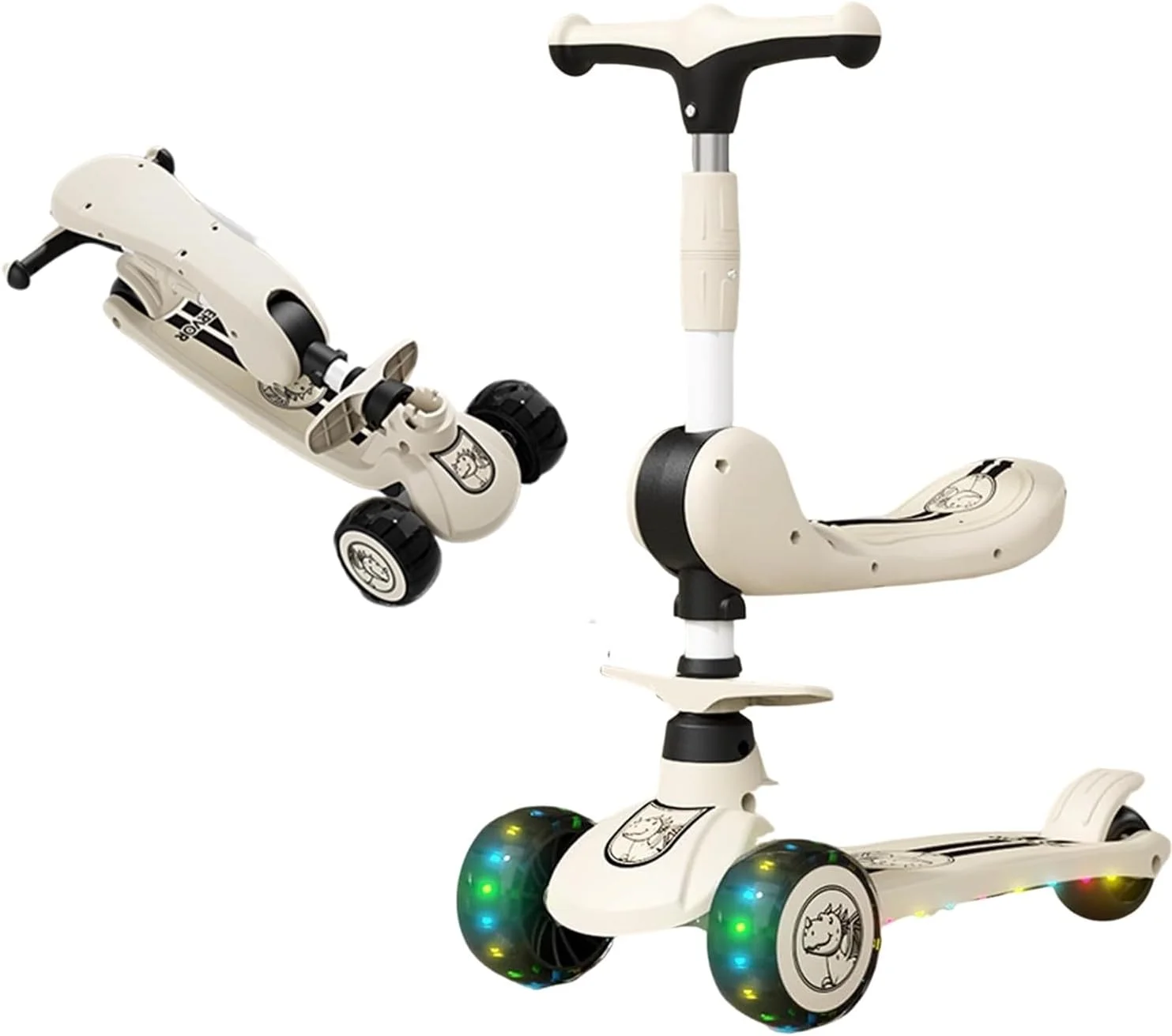 اسکوتر سه چرخ Beauenty، صندلی با ارتفاع قابل تنظیم 2 در 1، چرخ های جاذب ضربه، عرشه پهن و ضد لغزش، هدیه ای عالی برای دختران و پسران، اسکوتر کودک نوپا با موسیقی و نور داخلی