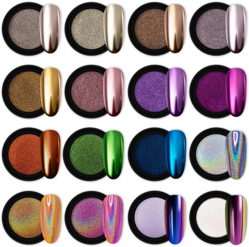 لوازم جانبی ناخن کروم Artdone، 16 شیشه تزئینات اکلیلی هنر ناخن اثر آینه ای متالیک پودر پیگمنت آفتاب پرست هولوگرافیک Aurora 1 گرم در هر شیشه مروارید برای صنایع دستی رزین و هنر ناخن Fimo