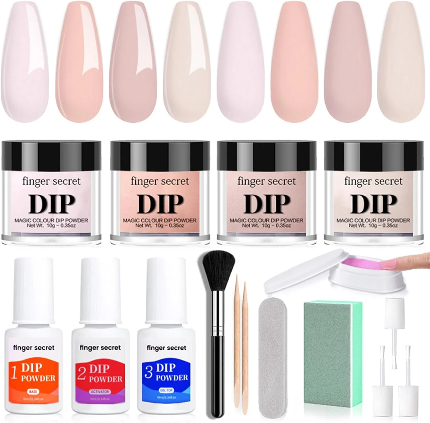 مجموعه پودر کاشت ناخن آزونه در 4 رنگ - مجموعه مبتدی پودر دیپ صورتی کالباسی - به همراه ست مایع بیس، فعال کننده و تاپ کت، مناسب برای طراحی ناخن فرانسوی و هدیه