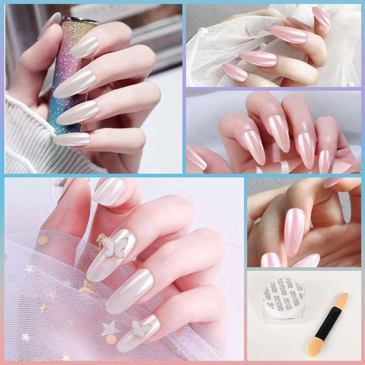 پودر ناخن کروم Artdone، دو ظرف سفید و قرمز مرواریدی، پودر رنگین کمانی Aurora با جلوه آینه ای متالیک، کیت گرد و غبار مرواریدی پری دریایی، تزئین صنایع دستی رزین