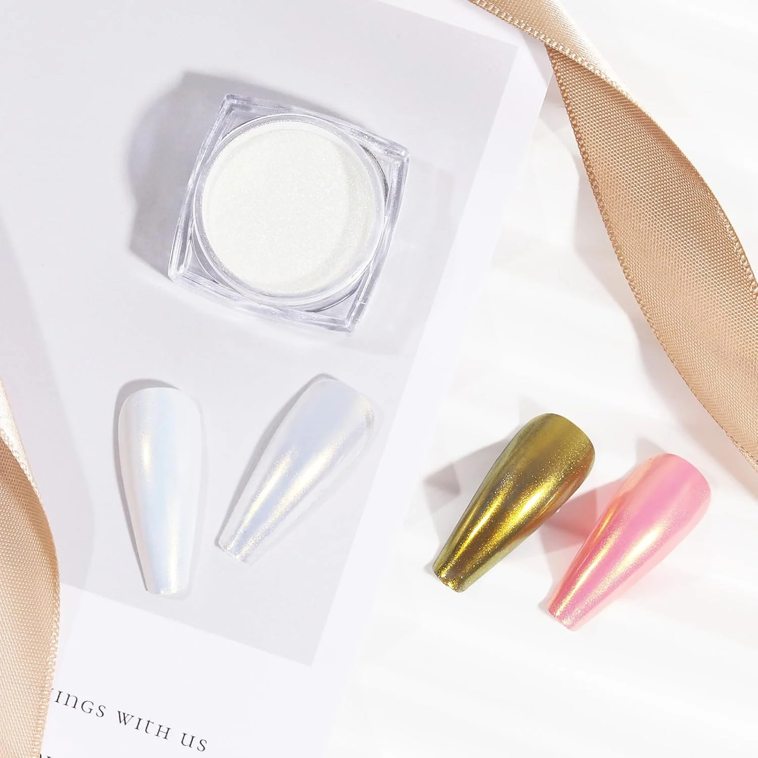 پودر ناخن کروم مرواریدی سفید و طلایی Artdone، پودر رنگین کمانی Aurora، رنگدانه مرواریدی با جلوه آینه ای متالیک، کیت پودر اکلیلی مرواریدی پری دریایی (سفید و طلایی)