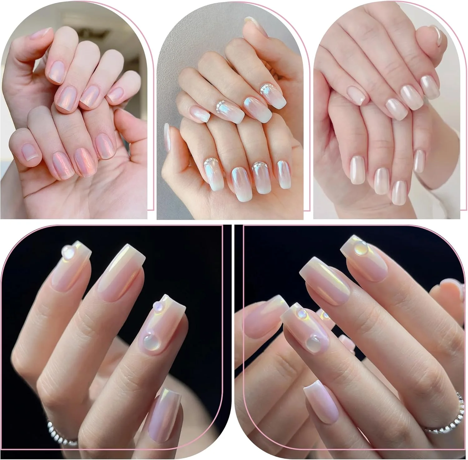 آرددان، ست ۸ عددی پودر کروم ناخن، سفید جادویی مرواریدی، جلوه آینه‌ای، نقره‌ای متالیک هولوگرافیک، پودر دیپ ناخن، تزئینات رنگین کمانی، پیگمنت پری دریایی آرورا