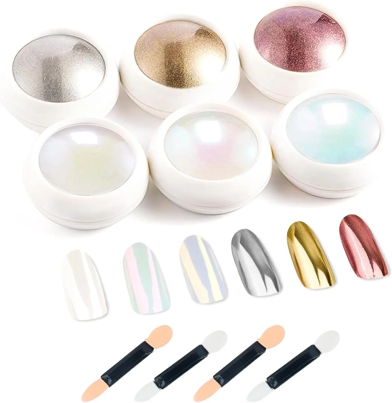 پودر کروم ناخن آینه ای، 6 عددی، به همراه 4 اپلیکاتور اسفنجی، کیت پودر اکلیلی مرواریدی، جلوه آینه ای متالیک و جلوه پری دریایی فلش، برای طراحی و تزئین ناخن، مناسب برای استفاده در سالن های آرایشی و DIY