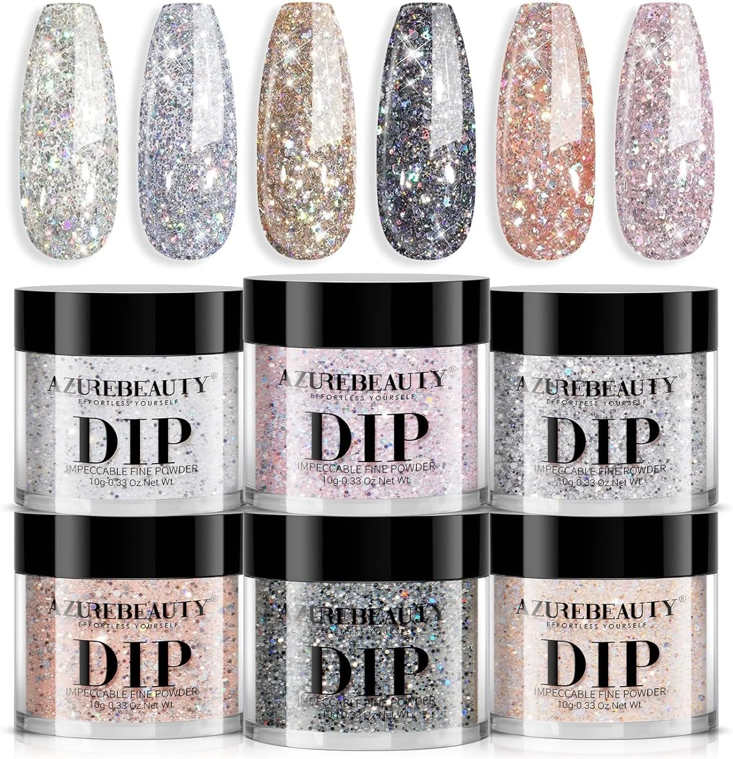 مجموعه پودر دیپ ناخن AZUREBEAUTY، نقره ای صورتی مشکی طلایی زرد اکلیلی براق کروم پلاتینیوم، 6 رنگ مناسب تمام فصول، کیت استارتر پودر دیپینگ، طراحی ناخن، مانیکور سالن