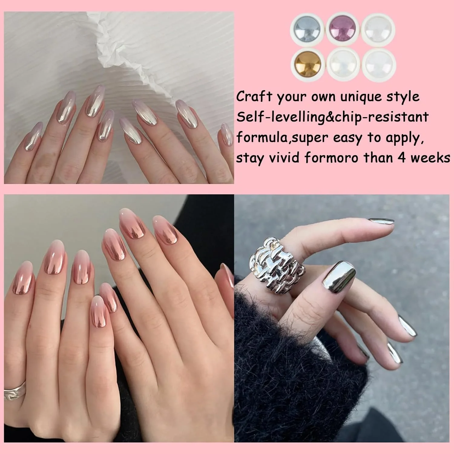 پودر کروم ناخن آینه ای، 6 عددی، به همراه 4 اپلیکاتور اسفنجی، کیت پودر اکلیلی مرواریدی، جلوه آینه ای متالیک و جلوه پری دریایی فلش، برای طراحی و تزئین ناخن، مناسب برای استفاده در سالن های آرایشی و DIY