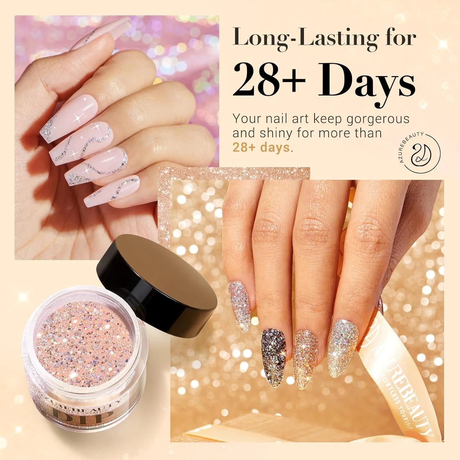 مجموعه پودر دیپ ناخن AZUREBEAUTY، نقره ای صورتی مشکی طلایی زرد اکلیلی براق کروم پلاتینیوم، 6 رنگ مناسب تمام فصول، کیت استارتر پودر دیپینگ، طراحی ناخن، مانیکور سالن