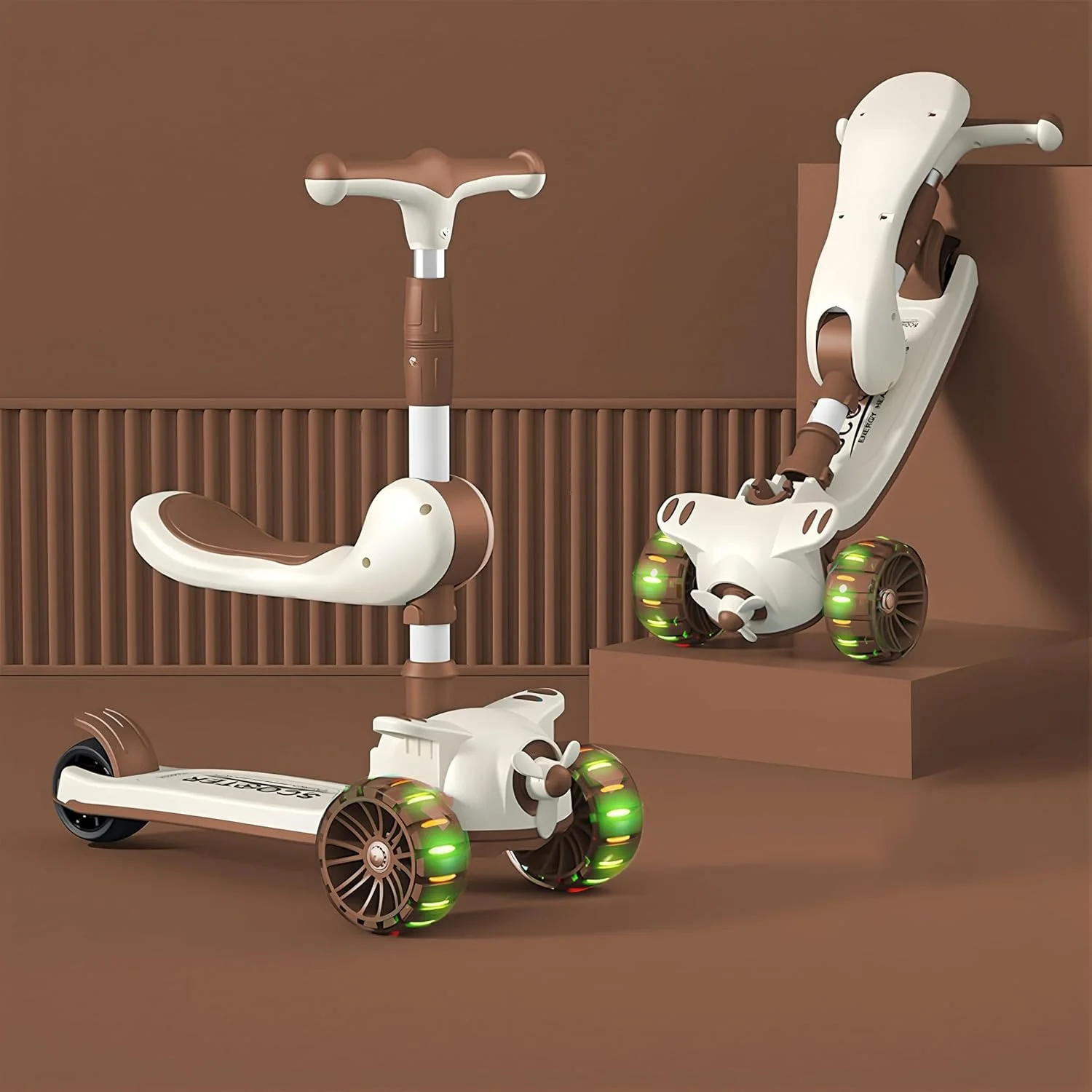 اسکوتر 3 چرخ کودک - تاشو و بادوام، اسکوتر 2 در 1 نشسته و ایستاده برای کودکان با چرخ های LED چشمک زن، فرمان قابل تنظیم، عرشه پهن برای نوزادان پسر و دختر