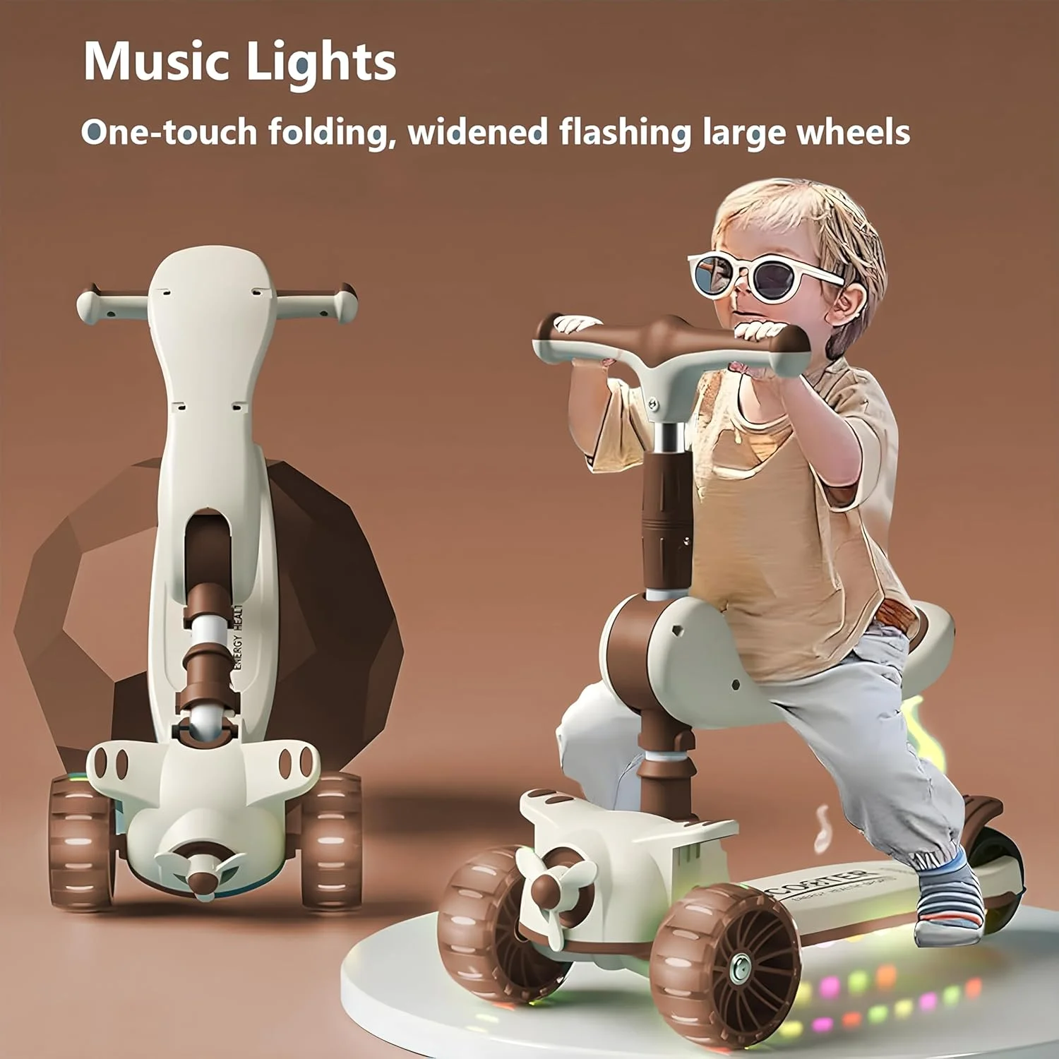 اسکوتر 3 چرخ کودک - تاشو و بادوام، اسکوتر 2 در 1 نشسته و ایستاده برای کودکان با چرخ های LED چشمک زن، فرمان قابل تنظیم، عرشه پهن برای نوزادان پسر و دختر