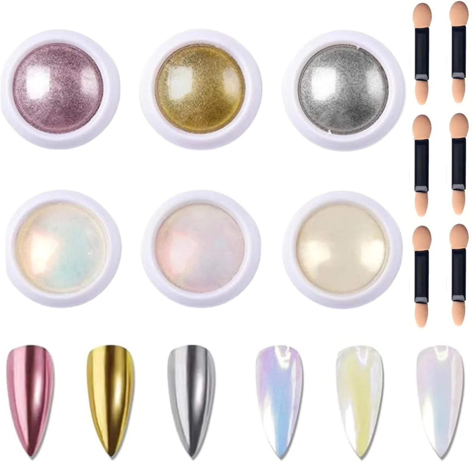 ست پودر کروم ناخن 6 رنگ - پری دریایی، رزگلد، نقره ای - پودرهای کروم با اثر آینه ای برای طراحی ناخن رنگین کمانی - روکش دونات لعاب دار