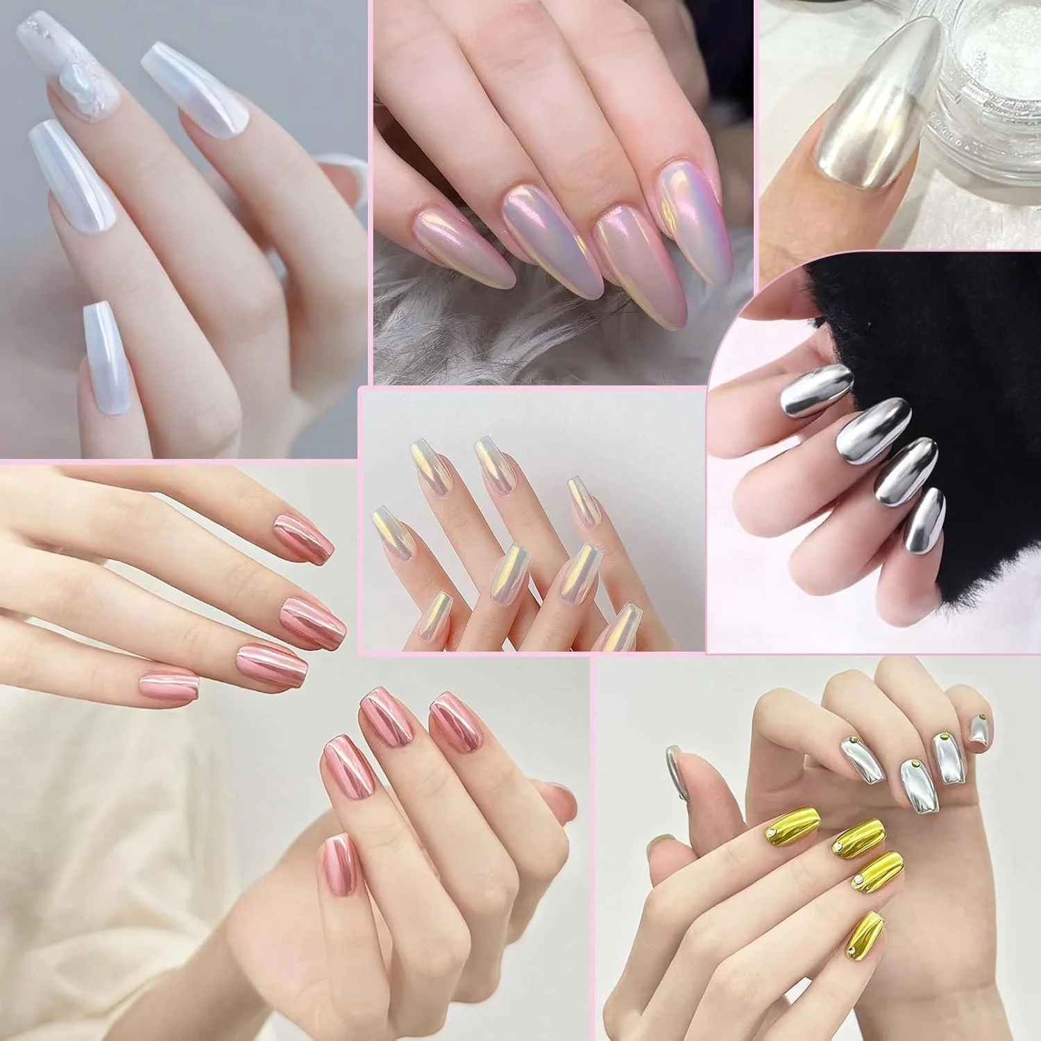 ست پودر کروم ناخن 6 رنگ - پری دریایی، رزگلد، نقره ای - پودرهای کروم با اثر آینه ای برای طراحی ناخن رنگین کمانی - روکش دونات لعاب دار ست پودر کروم ناخن 6 رنگ - پری دریایی، رزگلد، نقره ای - پودرهای کروم با اثر آینه ای برای طراحی ناخن رنگین کمانی - روکش دونات لعاب دار