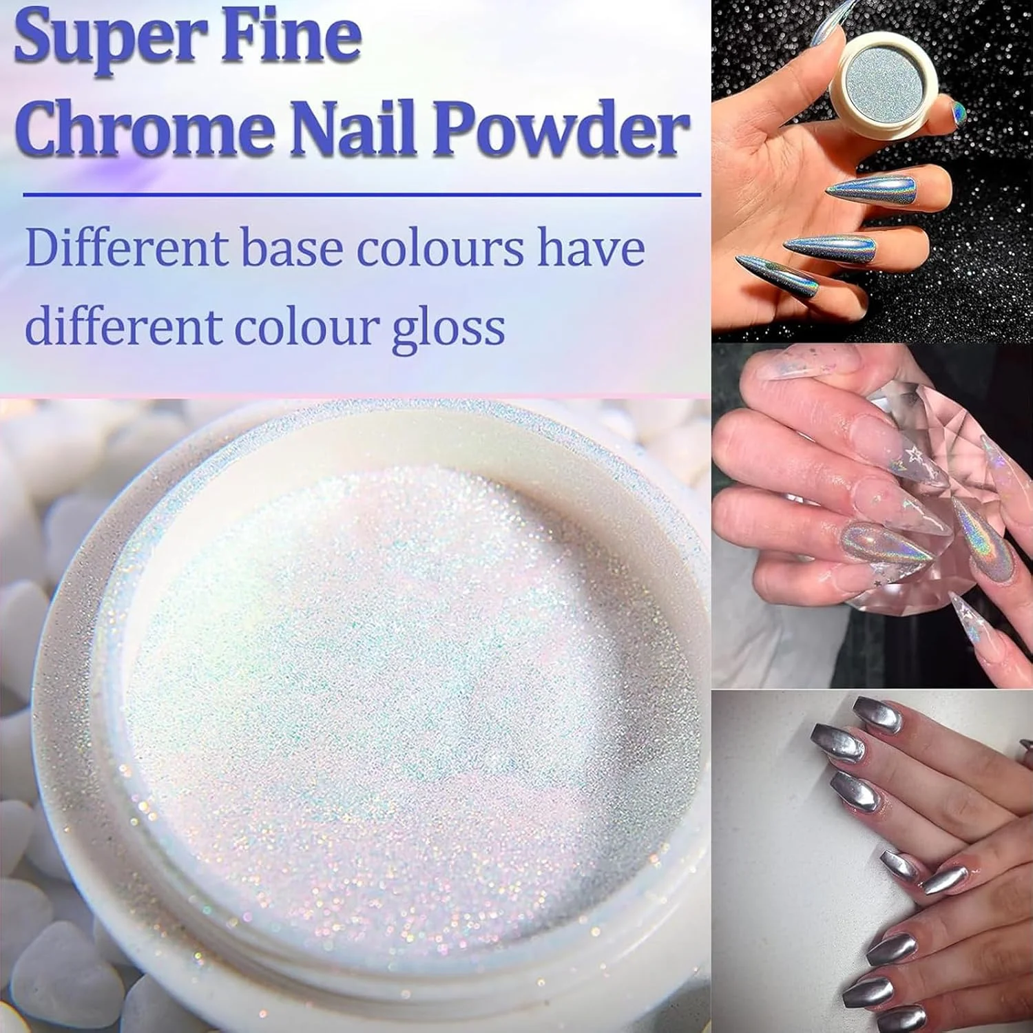 ست پودر کروم ناخن 6 رنگ، طراحی ناخن با جلوه آینه ای متالیک براق، پودر ناخن لیزری هولوگرافی سه بعدی نقره ای طلایی صورتی کروم، مناسب برای طراحی ناخن در خانه، همراه با 3 عدد اسفنج ست پودر کروم ناخن 6 رنگ، طراحی ناخن با جلوه آینه ای متالیک براق، پودر ناخن لیزری هولوگرافی سه بعدی نقره ای طلایی صورتی کروم، مناسب برای طراحی ناخن در خانه، همراه با 3 عدد اسفنج