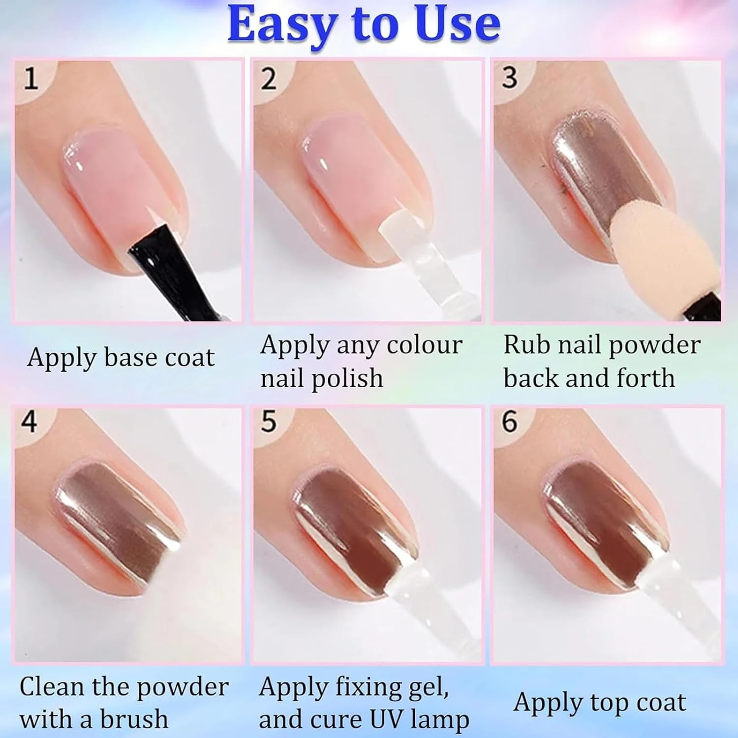 ست پودر کروم ناخن 6 رنگ، طراحی ناخن با جلوه آینه ای متالیک براق، پودر ناخن لیزری هولوگرافی سه بعدی نقره ای طلایی صورتی کروم، مناسب برای طراحی ناخن در خانه، همراه با 3 عدد اسفنج ست پودر کروم ناخن 6 رنگ، طراحی ناخن با جلوه آینه ای متالیک براق، پودر ناخن لیزری هولوگرافی سه بعدی نقره ای طلایی صورتی کروم، مناسب برای طراحی ناخن در خانه، همراه با 3 عدد اسفنج