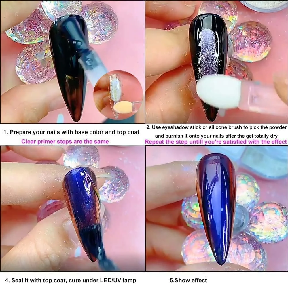 ست 2 عددی پودر ناخن کروم، پودر میکا رنگین کمانی با جلوه آینه ای فلزی برای هنر، 6 رنگ