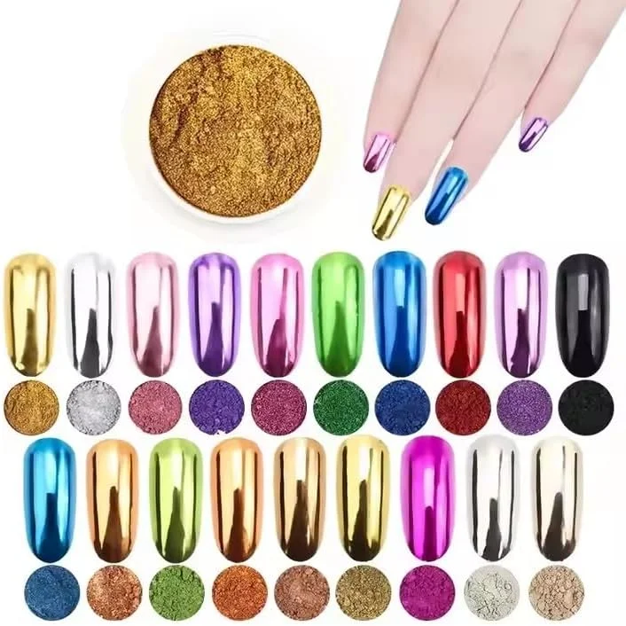 پودر ناخن متالیک کروم CHINMIN در 19 رنگ، پودر طراحی ناخن با جلوه آینه ای به همراه 19 عدد اپلیکاتور سایه چشم