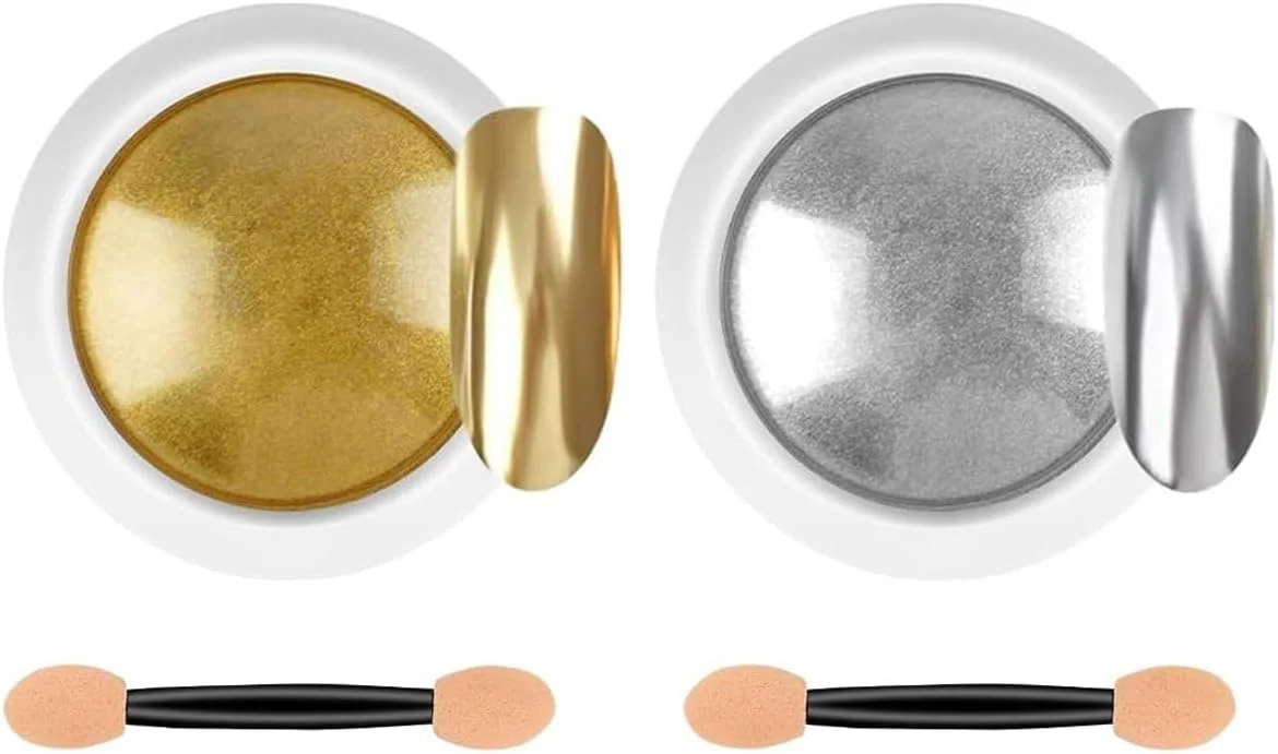 پودر کروم ناخن، 2 عدد پودر ناخن متالیک طلایی نقره ای، پودرهای کروم ناخن با جلوه آینه ای متالیک، پودر پیگمنت متالیک ناخن برای طراحی و تزئین ناخن