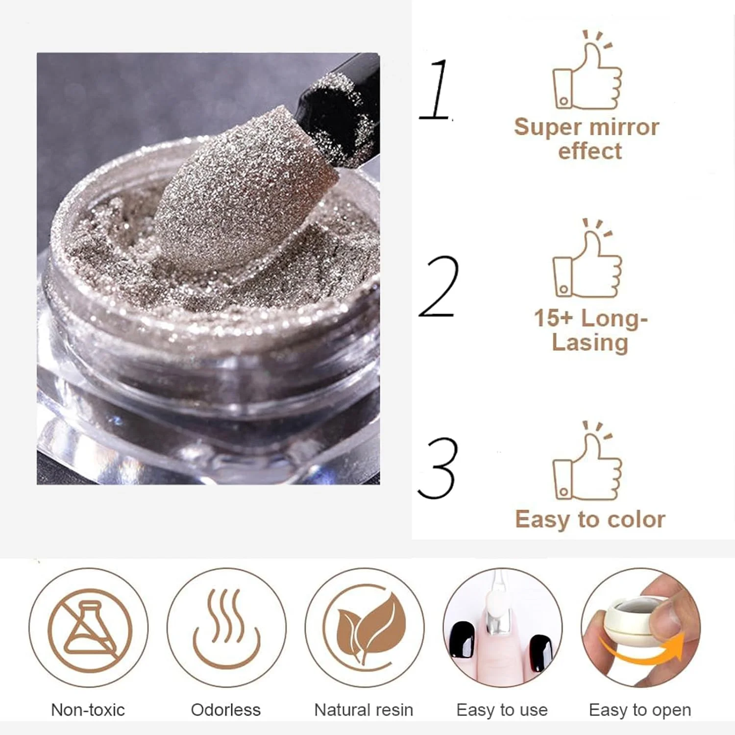 پودر کروم ناخن، 2 عدد پودر ناخن متالیک طلایی نقره ای، پودرهای کروم ناخن با جلوه آینه ای متالیک، پودر پیگمنت متالیک ناخن برای طراحی و تزئین ناخن