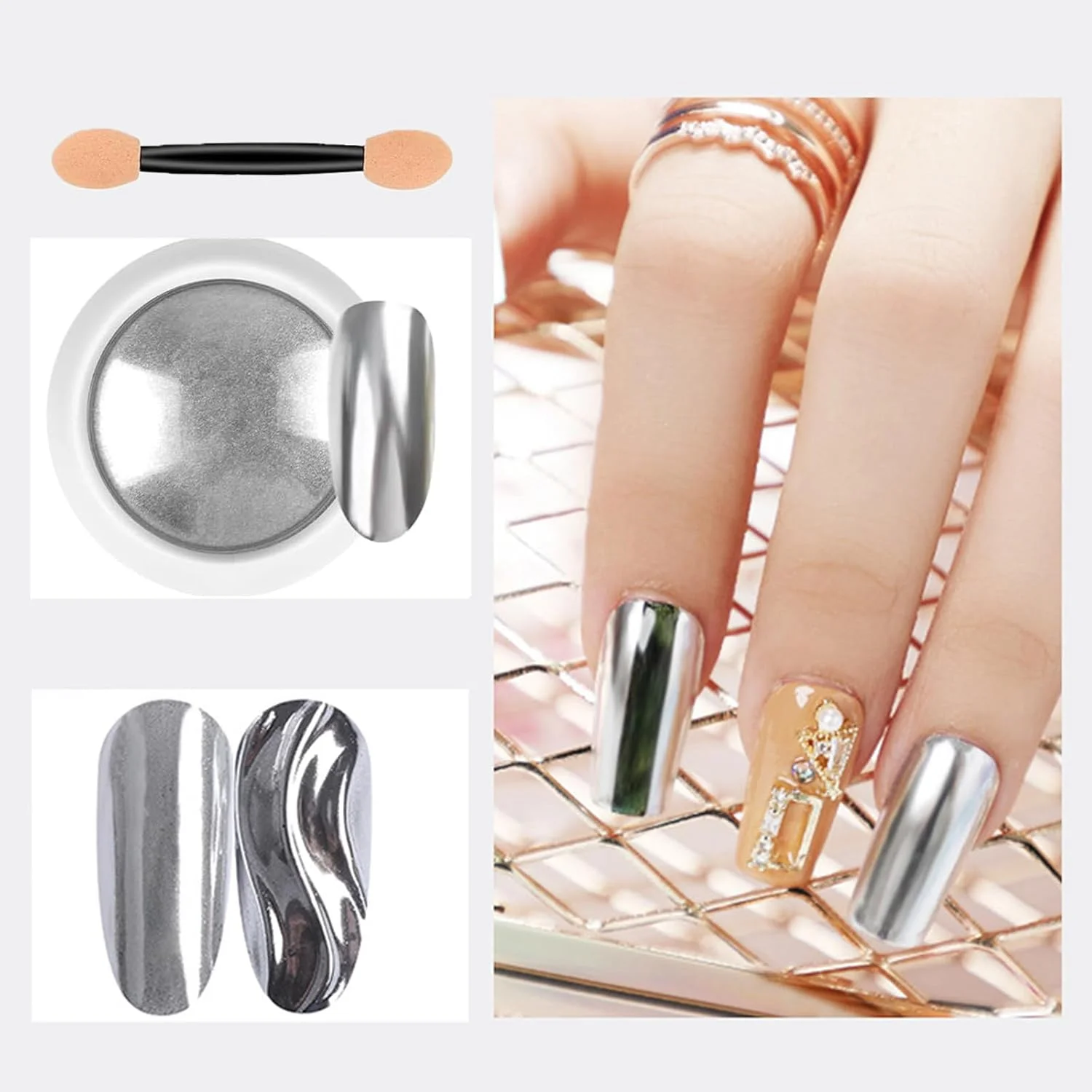 پودر کروم ناخن، 2 عدد پودر ناخن متالیک طلایی نقره ای، پودرهای کروم ناخن با جلوه آینه ای متالیک، پودر پیگمنت متالیک ناخن برای طراحی و تزئین ناخن