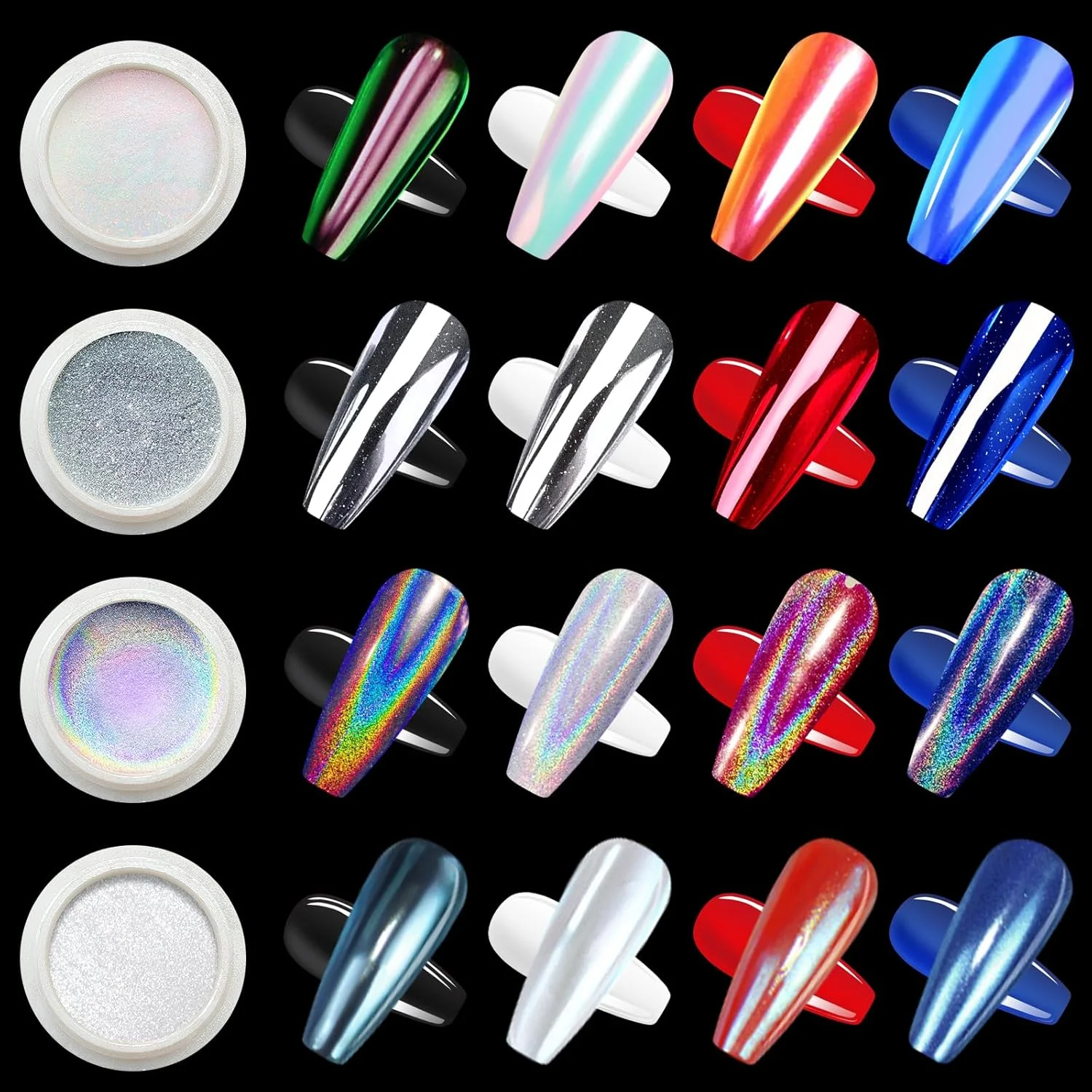 پودر کروم ناخن DRMODE برای خانم ها - پودر ناخن کروم مرواریدی سفید، پودر ناخن رنگین کمانی تک شاخ هولوگرافیک، پودر ناخن نقره ای با جلوه آینه ای فلزی، طراحی ناخن