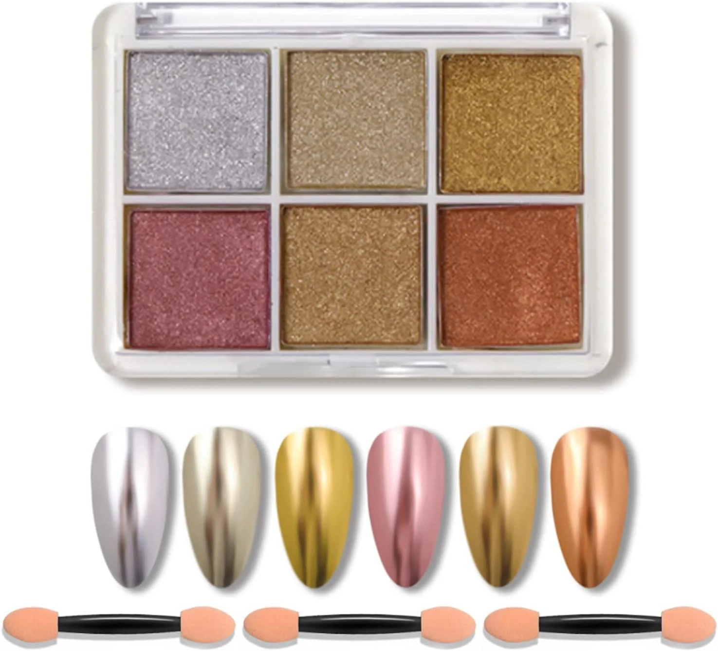 پودر کروم ناخن، مجموعه 6 رنگ پودر براق اکلیلی ناخن ژلیش، پودر رنگدانه هنری ناخن متالیک با برس های اسفنجی ناخن برای تزئین هنر ناخن (C)