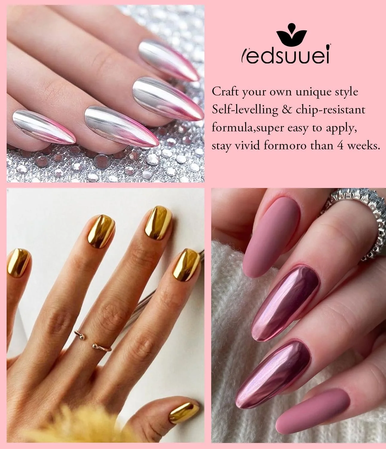 پودر ناخن کروم طلایی LEDSUUEI - اثر آینه ای متالیک هولوگرافیک Aurora رنگین کمانی صدفی کروم پودر ناخن رز گلد سفید مرواریدی پودر کروم برای ناخن سالن DIY