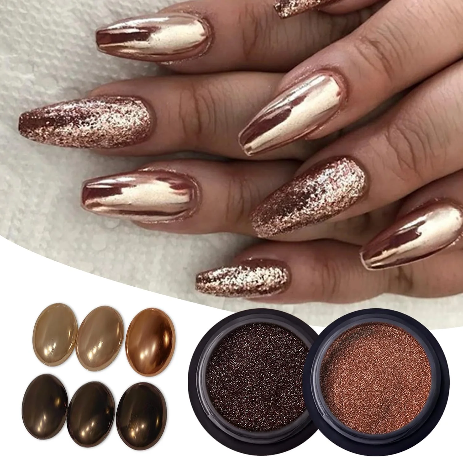 مجموعه 2 عددی پودر کروم ناخن قهوه ای سیب طلایی برای ناخن، مشکی و قهوه برای لاک ژل، جلوه آینه ای، رنگدانه براق متالیک، تزئین ناخن اکریلیک هولوگرافیک زمستانی