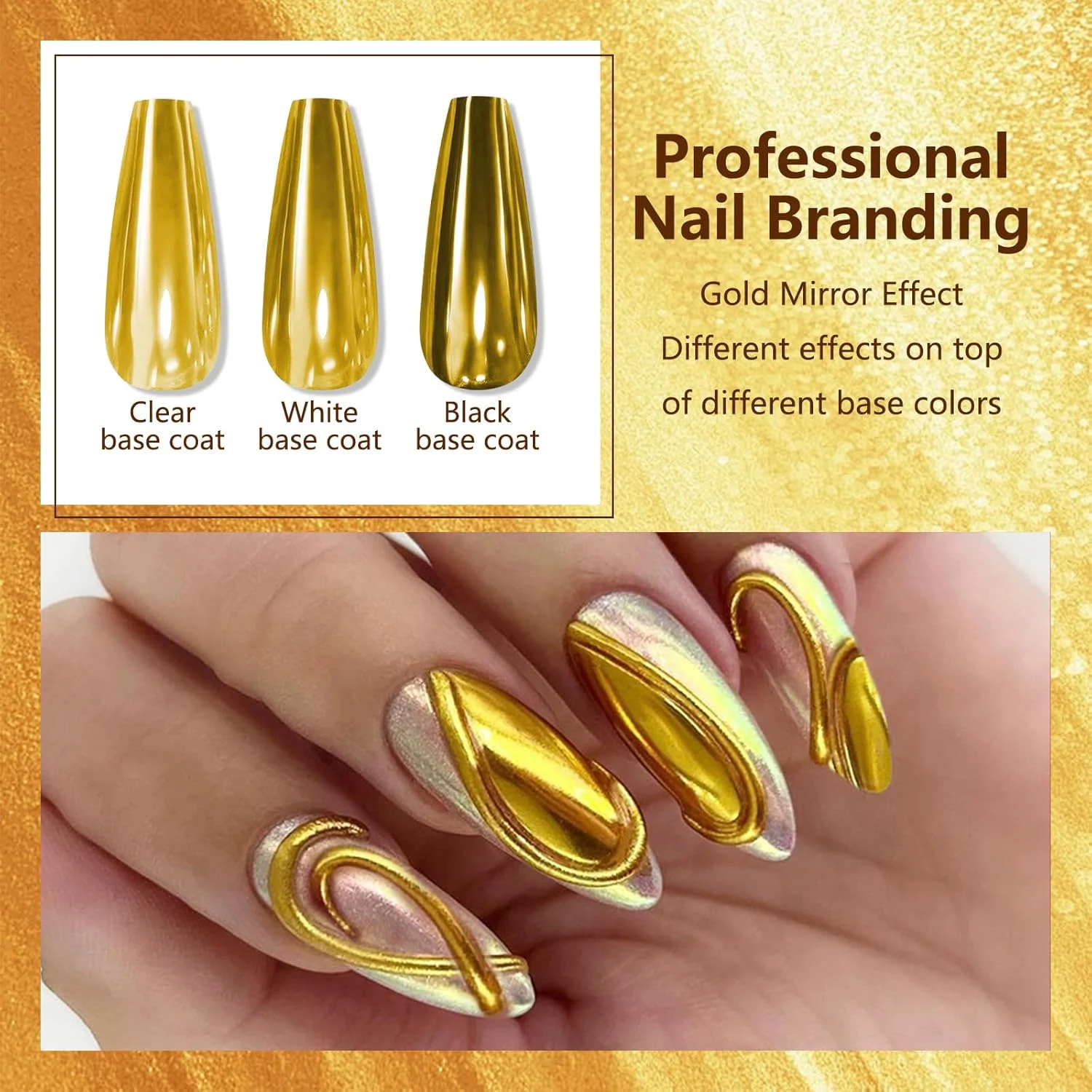 پودر ناخن آینه ای طلایی Vonrui، جلوه کروم هولوگرافیک طلایی، گرد و غبار متالیک خالص، پولک، پیگمنت کروم ژل UV برای تزئین ناخن