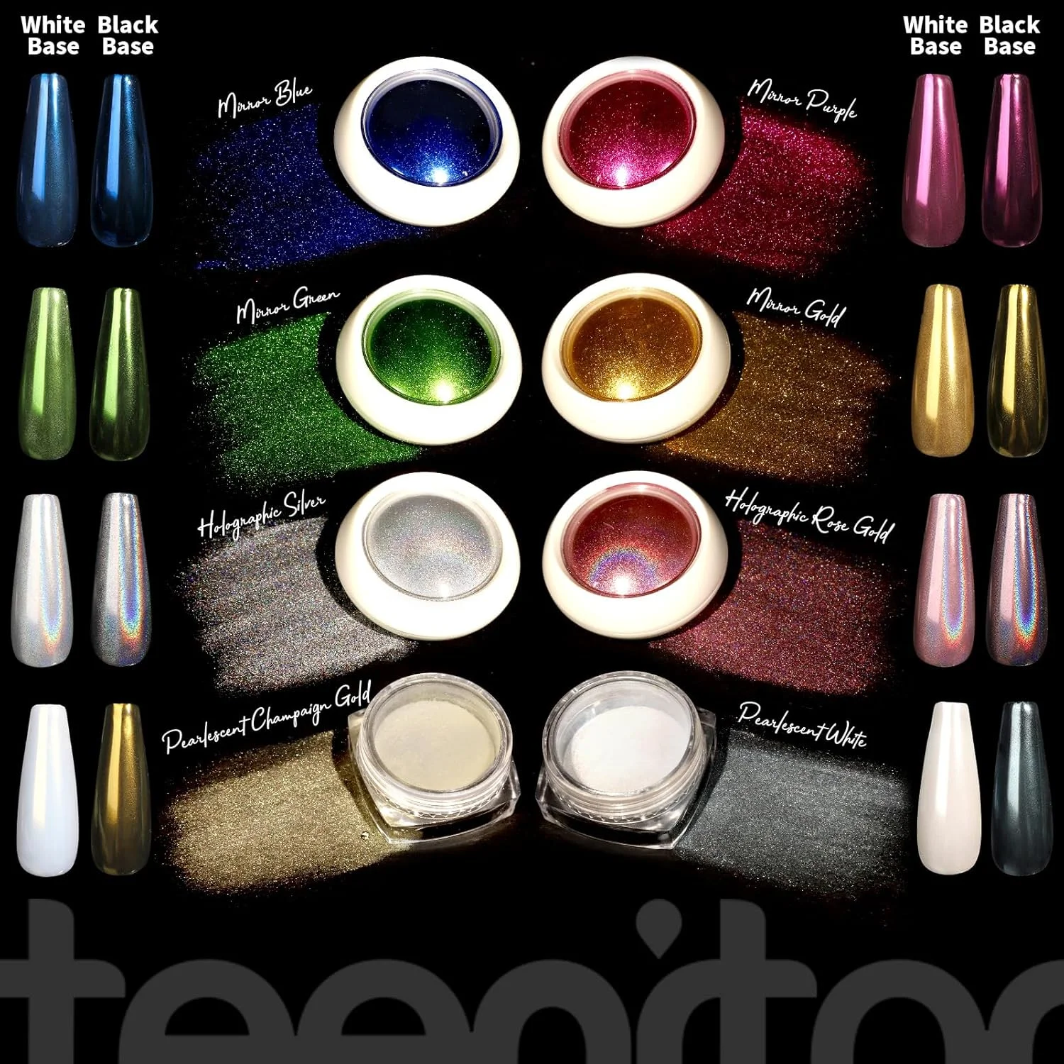 پودر کروم ناخن Teenitor با ژل سه بعدی ناخن، پودر کروم طلایی برای ناخن، پودر کروم مرواریدی ناخن، ابزار طراحی ناخن کروم