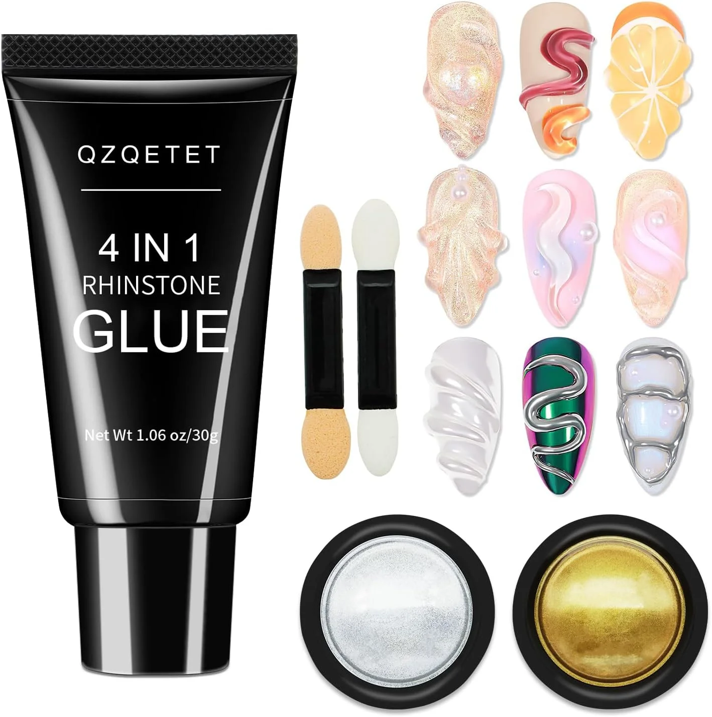 ست چسب نگین ناخن 4 در 1 و پودر کروم ناخن، ژل چسبندگی قوی برای جواهرات، آویزها، سنگ های تزئینی و طراحی ناخن سه بعدی، چسب طراحی ناخن با پخت UV/LED