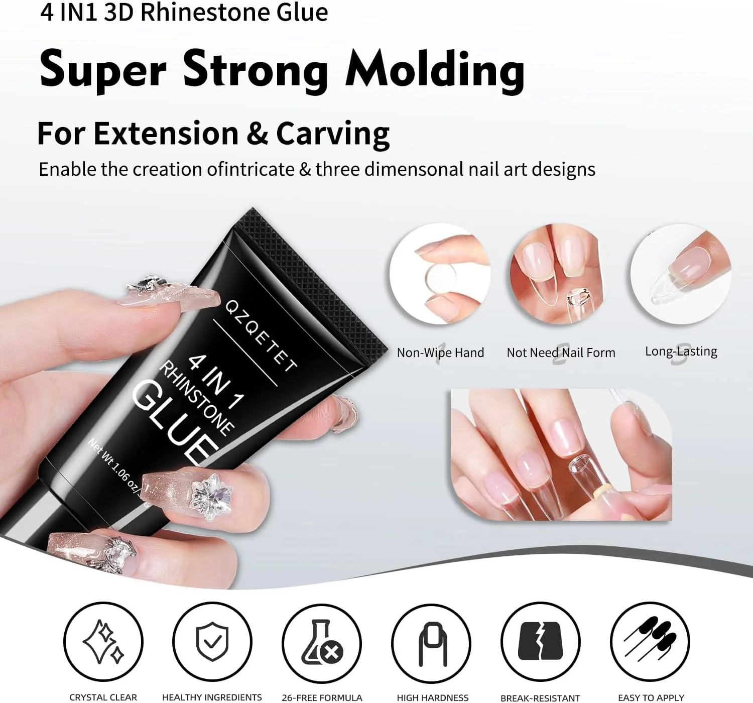ست چسب نگین ناخن 4 در 1 و پودر کروم ناخن، ژل چسبندگی قوی برای جواهرات، آویزها، سنگ های تزئینی و طراحی ناخن سه بعدی، چسب طراحی ناخن با پخت UV/LED