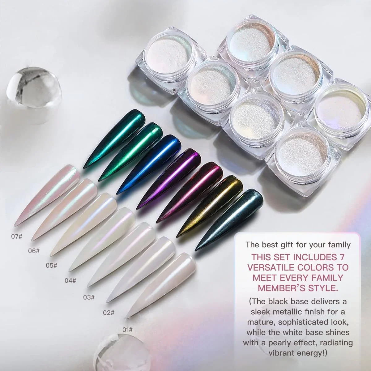 پودر کروم مرواریدی پریتی دیوا، 7 رنگ، پودر کروم مرواریدی سفید جادویی برای ناخن، پودرهای کروم ناخن مرواریدی رنگین کمانی آرورا، رنگدانه مانیکور متالیک