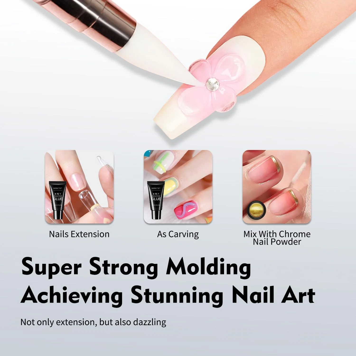 ست چسب نگین ناخن 4 در 1 و پودر کروم ناخن، ژل چسبندگی قوی برای جواهرات، آویزها، سنگ های تزئینی و طراحی ناخن سه بعدی، چسب طراحی ناخن با پخت UV/LED
