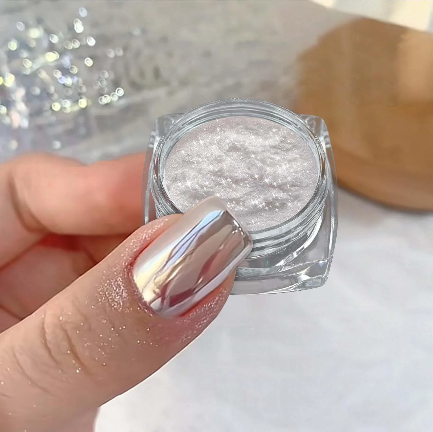 پودر ناخن با جلوه آینه‌ای فوق‌العاده براق، پودر کروم مروارید سفید، پودر رنگدانه‌ای رنگین کمانی با جلوه مهتابی جادویی برای ناخن (آینه‌ای)