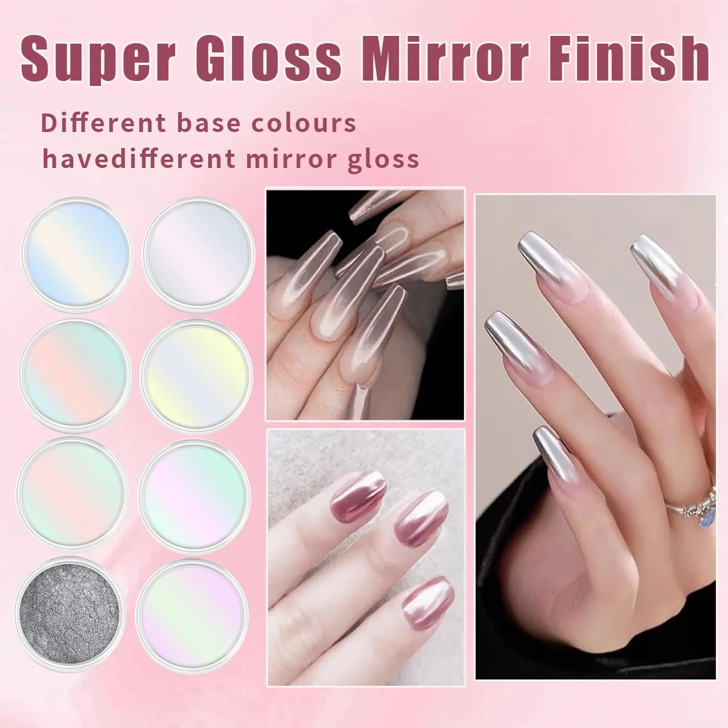پودر کروم ناخن 8 عددی با جلوه آینه ای متالیک، براق، رنگین کمانی، مرواریدی، پودر اکلیلی کروم، پیگمنت هولوگرافیک برای طراحی ناخن و خودآرایی