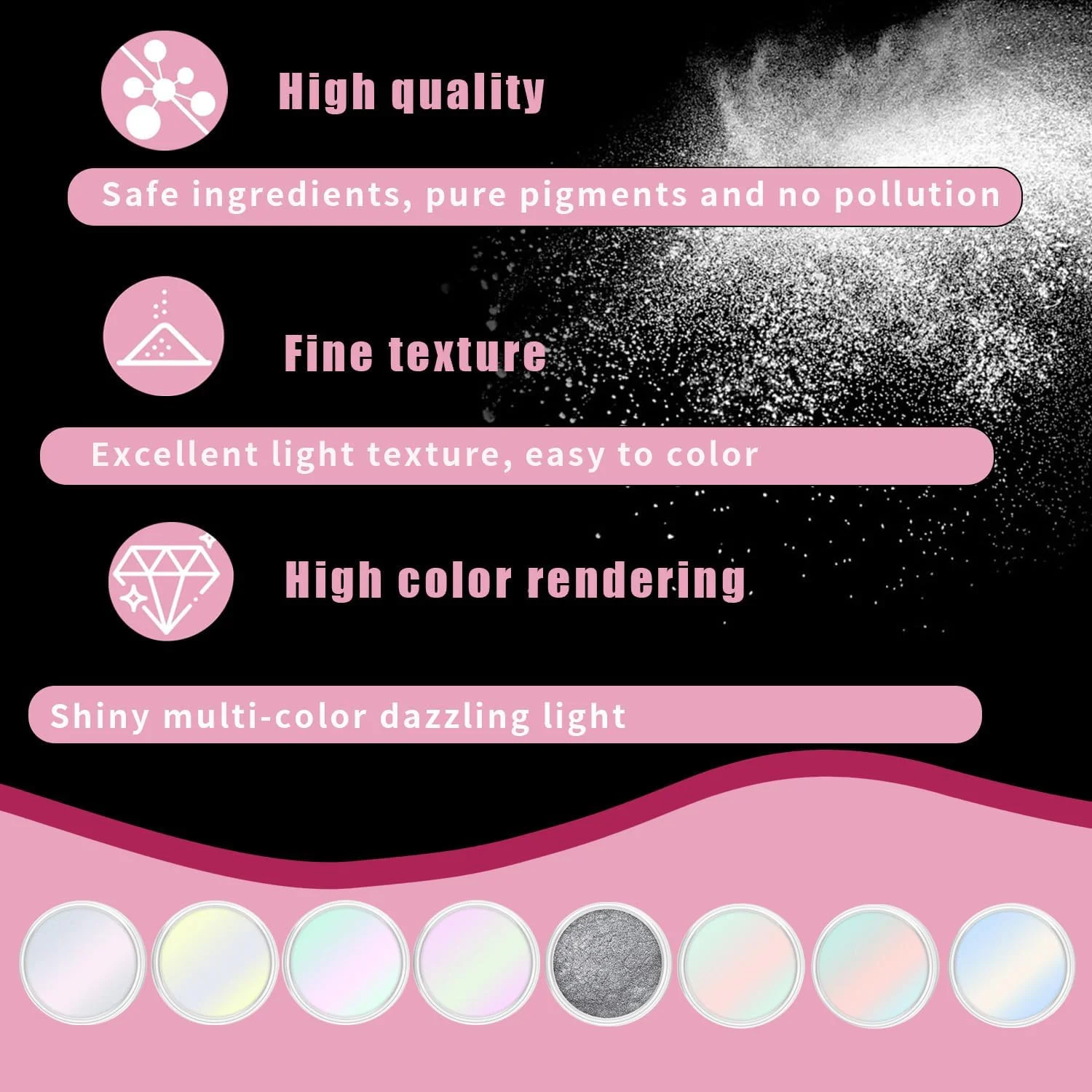 پودر کروم ناخن 8 عددی با جلوه آینه ای متالیک، براق، رنگین کمانی، مرواریدی، پودر اکلیلی کروم، پیگمنت هولوگرافیک برای طراحی ناخن و خودآرایی