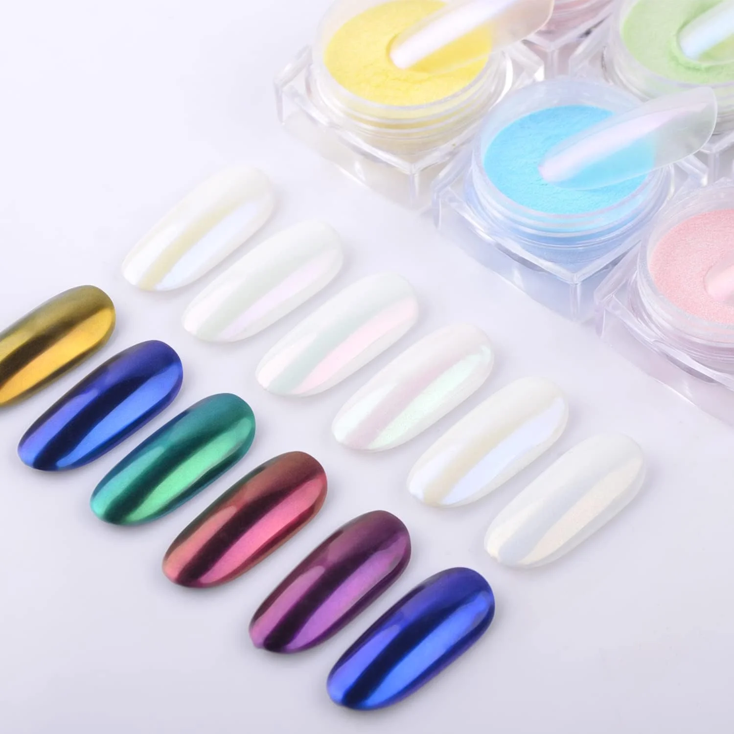 پودر ناخن کروم شفق قطبی MEILINDS در 6 رنگ، کیت پودر ناخن پری دریایی لیزری آینه‌ای، رنگدانه ناخن فلزی رنگین کمانی، پودر میکا مرواریدی چند کرومی برای مانیکور با 6 عدد اسفنج