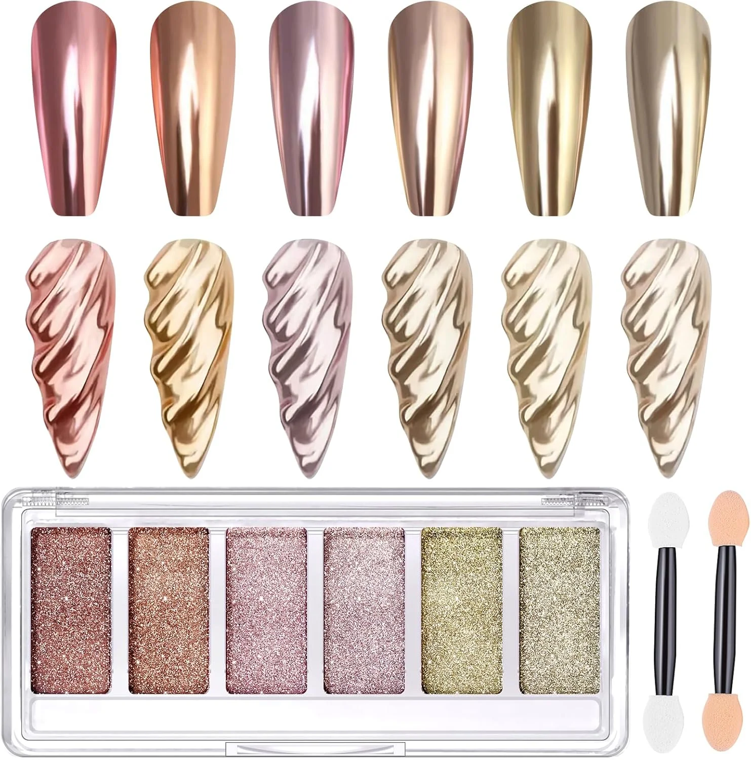 پودر ناخن کروم طلایی، پودر کروم ناخن با جلوه آینه ای متالیک شامپاین صورتی، پودر بنفش روشن رزگلد برای رنگدانه ناخن، گرد و غبار اکلیلی با اپلیکاتور برای DIY سالن، 6 رنگ