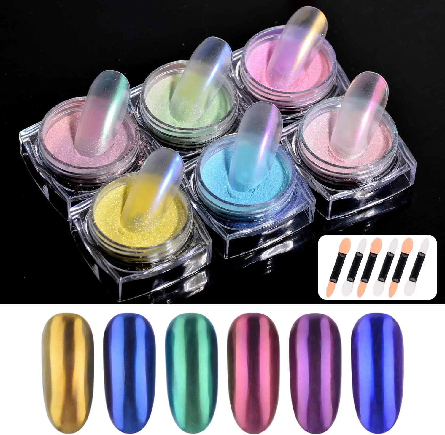 پودر ناخن کروم شفق قطبی MEILINDS در 6 رنگ، کیت پودر ناخن پری دریایی لیزری آینه‌ای، رنگدانه ناخن فلزی رنگین کمانی، پودر میکا مرواریدی چند کرومی برای مانیکور با 6 عدد اسفنج