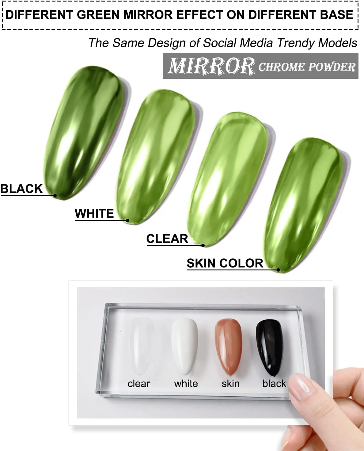 پودر کروم ناخن سبز زمردی تیره با جلوه آینه‌ای، رنگدانه‌های براق جامد، گرد زیتونی برای نوک مانیکور فرانسوی، اکلیل متالیک رنگین کمانی لیمویی