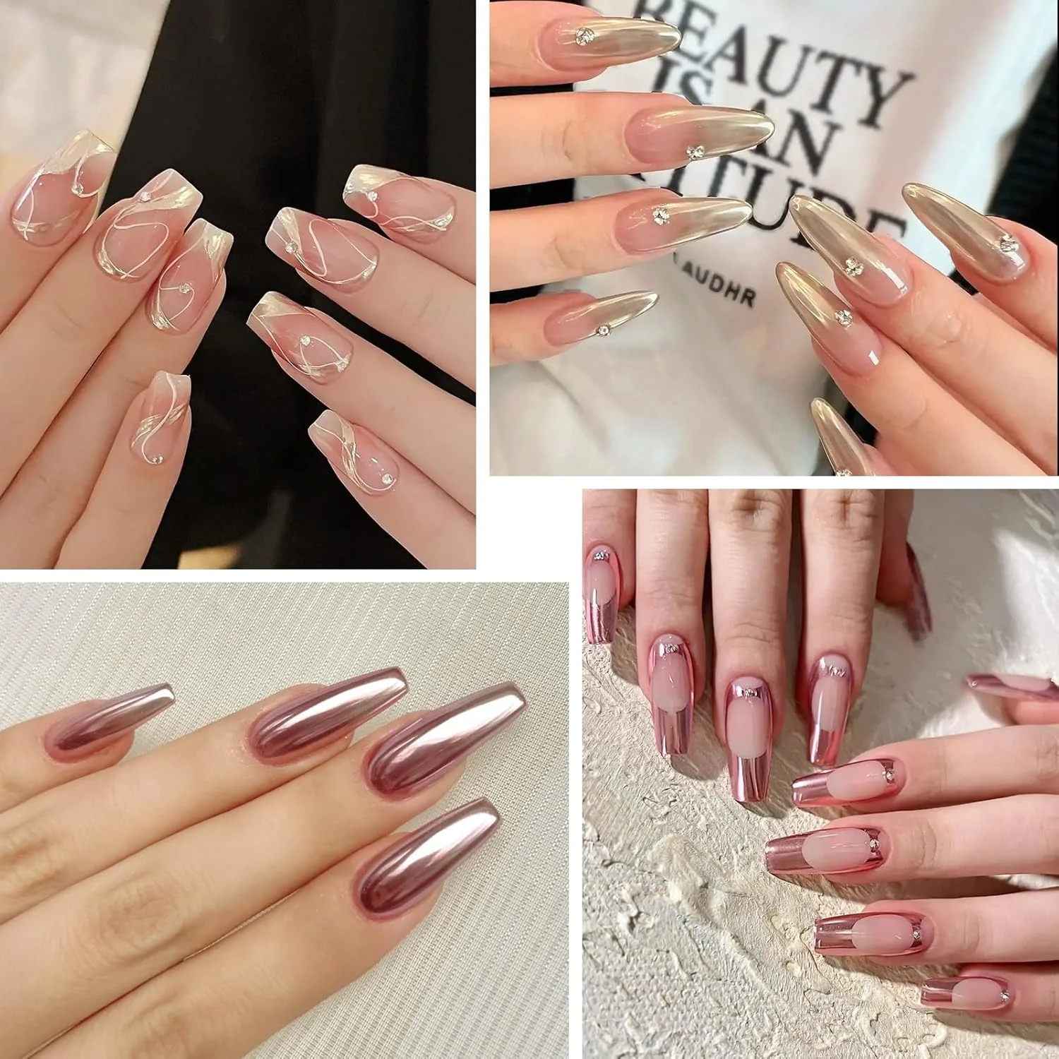 پودر ناخن کروم طلایی، پودر کروم ناخن با جلوه آینه ای متالیک شامپاین صورتی، پودر بنفش روشن رزگلد برای رنگدانه ناخن، گرد و غبار اکلیلی با اپلیکاتور برای DIY سالن، 6 رنگ