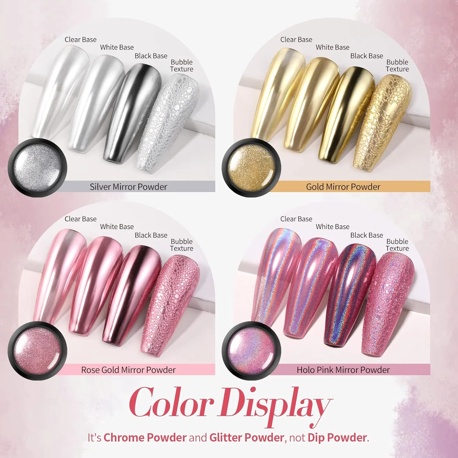پودر کروم ناخن بورن پریتی، پودر متالیک آینه ای، پودر پیگمنت هولوگرافیک، ست های تزئین طراحی ناخن مانیکور، نقره ای طلایی صورتی رزگلد، 4 جعبه