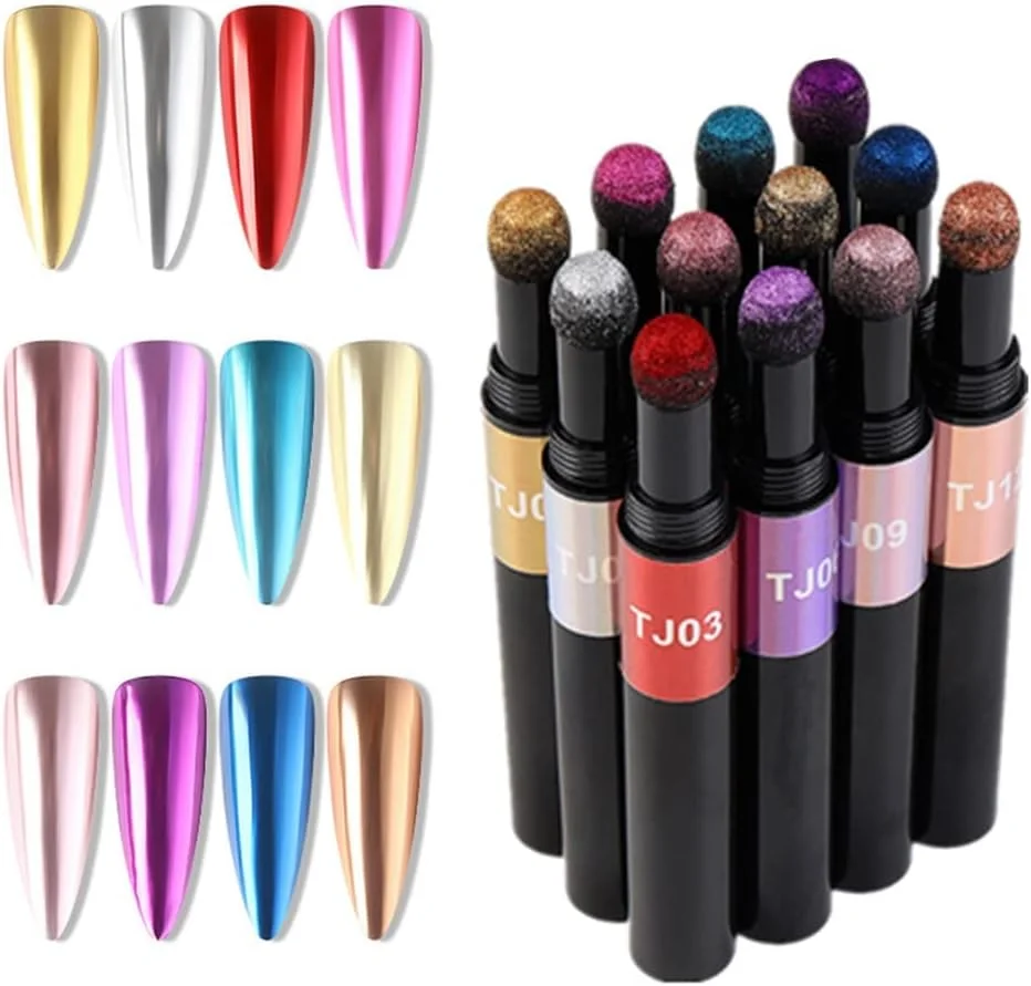 ست پودر ناخن کروم KASTWAVE، قلم طراحی ناخن ایر کوشن، پودر ناخن هولوگرافیک با افکت آینه ای، قلم لاک ناخن پودر اکریلیک (12 رنگ متنوع)