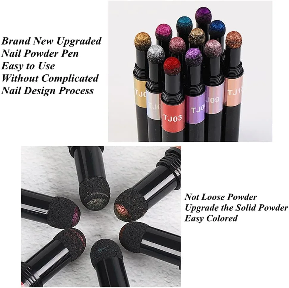 ست پودر ناخن کروم KASTWAVE، قلم طراحی ناخن ایر کوشن، پودر ناخن هولوگرافیک با افکت آینه ای، قلم لاک ناخن پودر اکریلیک (12 رنگ متنوع)