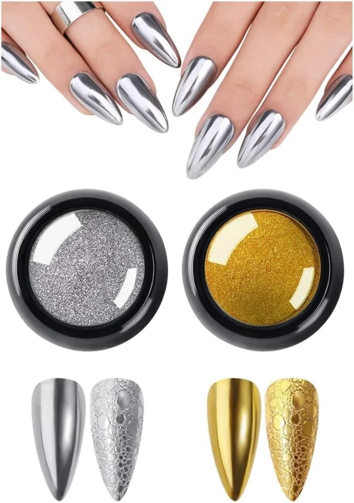 مجموعه پودر کروم ناخن رنگی نیل ویند، جلوه آینه ای متالیک براق بازتابنده برای طراحی هنری ناخن سه بعدی هولوگرافی نقره ای رز گلد (2 عدد، طلایی - نقره ای)