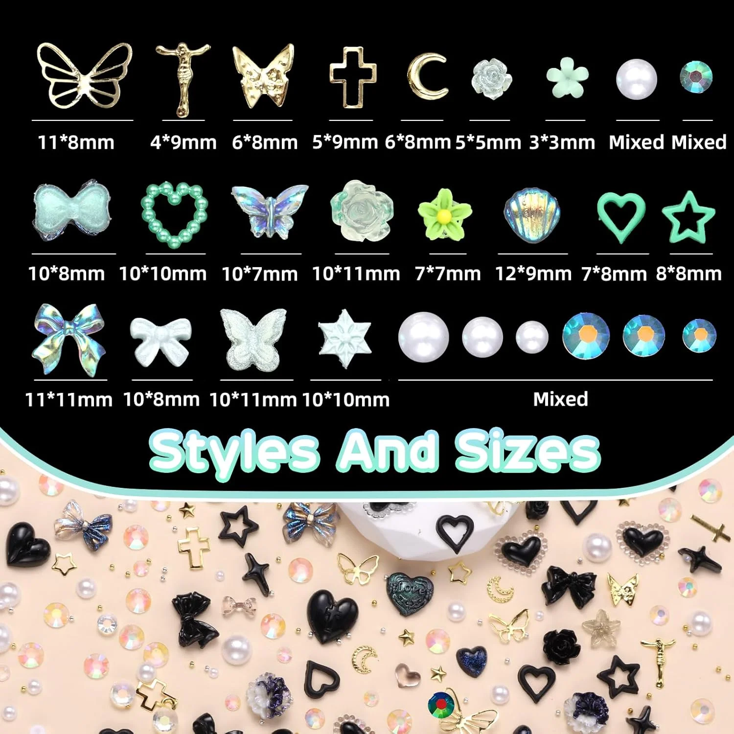 300 عدد آویز ناخن سه بعدی سبز رنگ، شامل طرح های متنوع فلزی و اکریلیکی، گل، پروانه، پاپیون، قلب و نگین، مناسب برای طراحی ناخن، کارهای دستی و ساخت زیورآلات 300 عدد آویز ناخن سه بعدی سبز رنگ، شامل طرح های متنوع فلزی و اکریلیکی، گل، پروانه، پاپیون، قلب و نگین، مناسب برای طراحی ناخن، کارهای دستی و ساخت زیورآلات