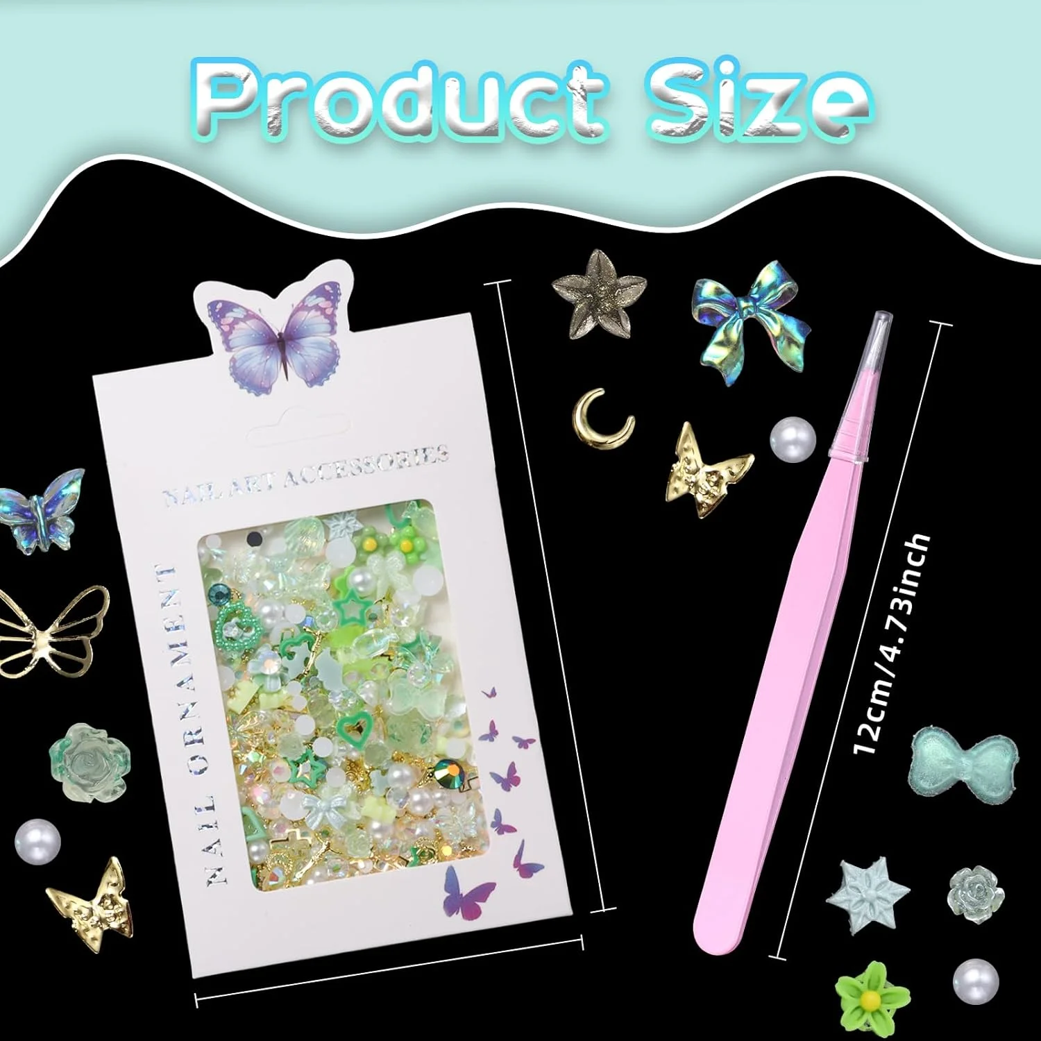 300 عدد آویز ناخن سه بعدی سبز رنگ، شامل طرح های متنوع فلزی و اکریلیکی، گل، پروانه، پاپیون، قلب و نگین، مناسب برای طراحی ناخن، کارهای دستی و ساخت زیورآلات 300 عدد آویز ناخن سه بعدی سبز رنگ، شامل طرح های متنوع فلزی و اکریلیکی، گل، پروانه، پاپیون، قلب و نگین، مناسب برای طراحی ناخن، کارهای دستی و ساخت زیورآلات