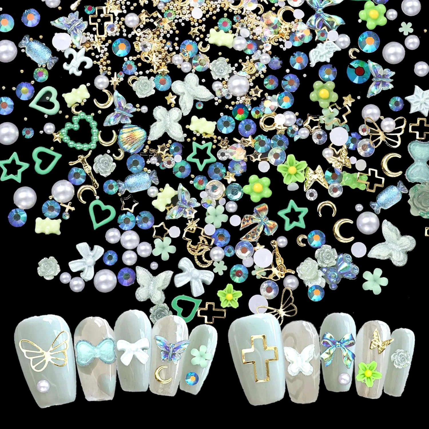 300 عدد آویز ناخن سه بعدی سبز رنگ، شامل طرح های متنوع فلزی و اکریلیکی، گل، پروانه، پاپیون، قلب و نگین، مناسب برای طراحی ناخن، کارهای دستی و ساخت زیورآلات 300 عدد آویز ناخن سه بعدی سبز رنگ، شامل طرح های متنوع فلزی و اکریلیکی، گل، پروانه، پاپیون، قلب و نگین، مناسب برای طراحی ناخن، کارهای دستی و ساخت زیورآلات