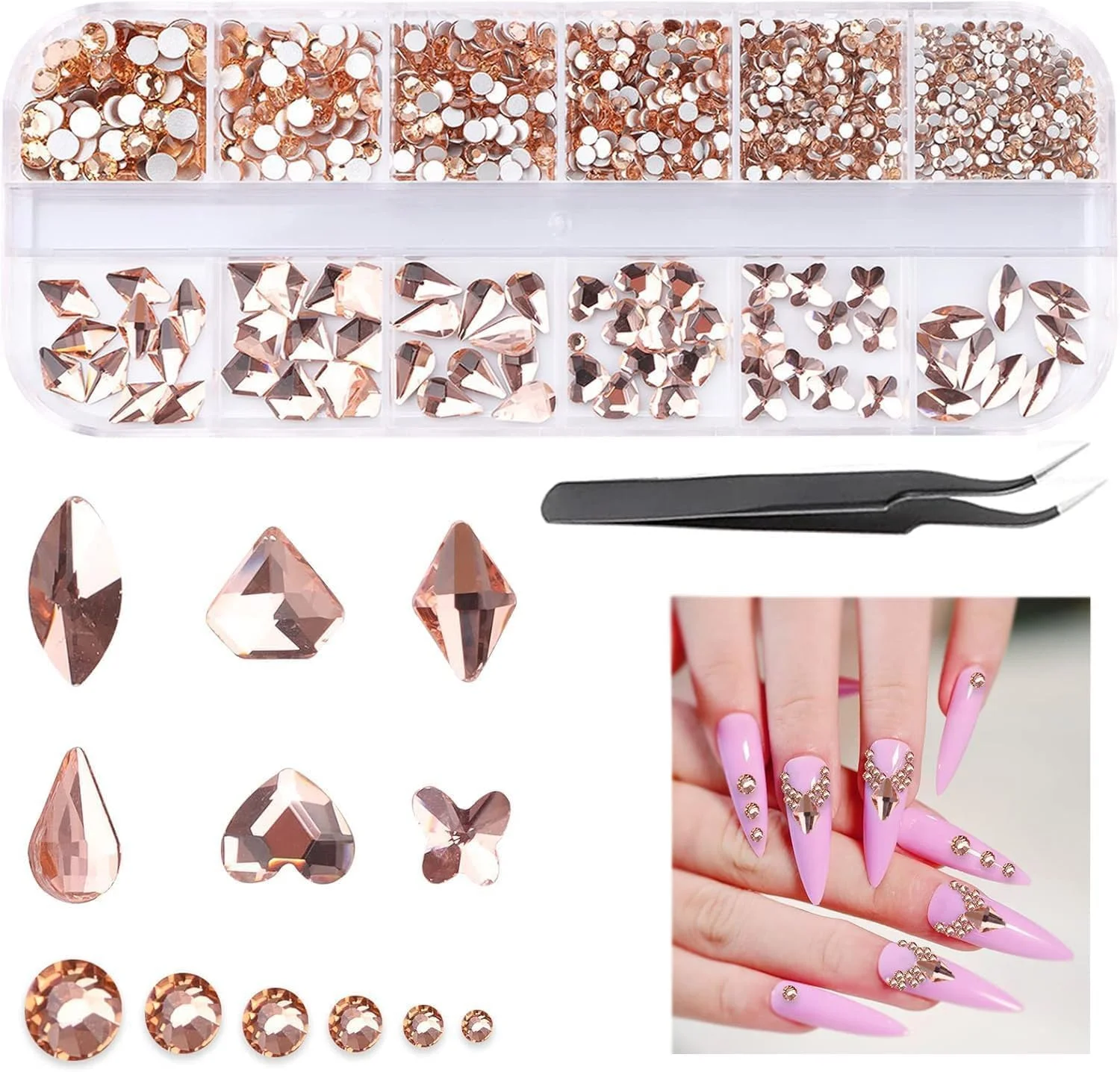 نگین های ناخن الماس شامپاین Kalolary، کریستال های ناخن با اشکال مختلف، نگین های تخت برای طراحی ناخن، الماس های قلبی برای ناخن، سنگ های گرد جواهر ناخن