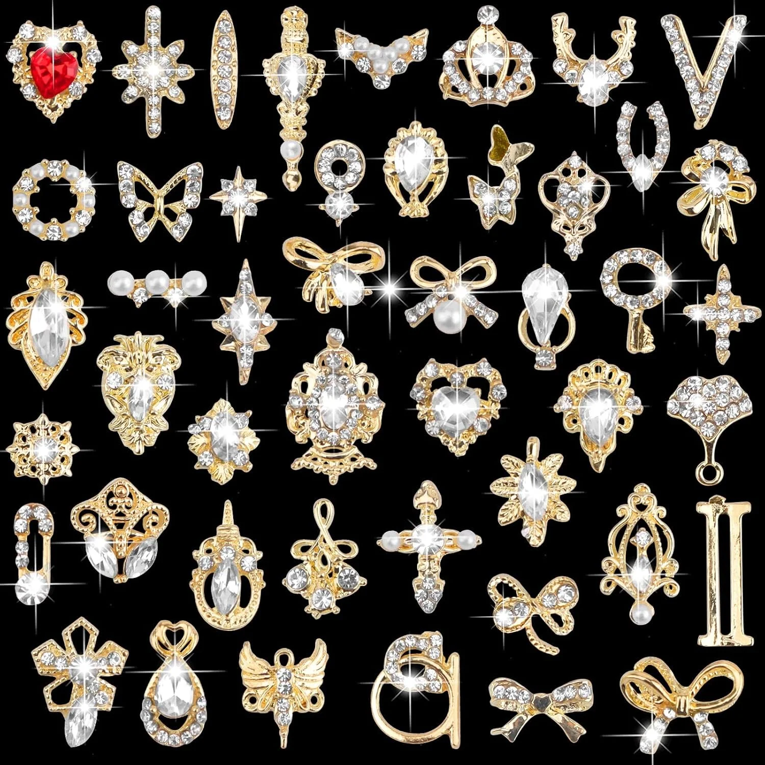 48 عدد نگین ناخن سه بعدی Kalolary، جواهرات فلزی براق و لوکس برای تزئین ناخن